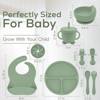 Silicone Baby Feeding Set | 9 PCS Baby Led Weaning Supplies Feeding Utensils | Divided Suction Plate Bowl Bib Cup Baby Spoons Forks | Toddler Eating Essentials-6+ Months (Pink)