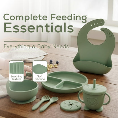 Silicone Baby Feeding Set | 9 PCS Baby Led Weaning Supplies Feeding Utensils | Divided Suction Plate Bowl Bib Cup Baby Spoons Forks | Toddler Eating Essentials-6+ Months (Pink)