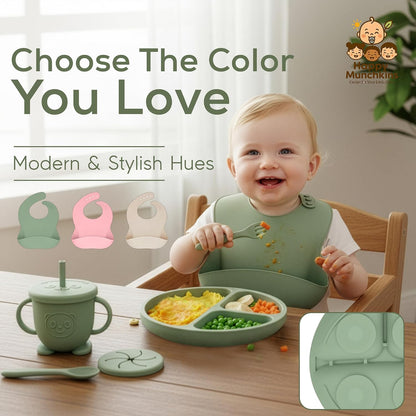 Silicone Baby Feeding Set | 9 PCS Baby Led Weaning Supplies Feeding Utensils | Divided Suction Plate Bowl Bib Cup Baby Spoons Forks | Toddler Eating Essentials-6+ Months (Pink)