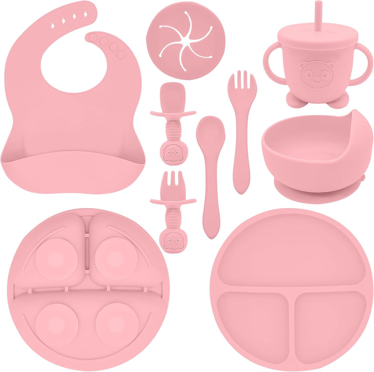Silicone Baby Feeding Set | 9 PCS Baby Led Weaning Supplies Feeding Utensils | Divided Suction Plate Bowl Bib Cup Baby Spoons Forks | Toddler Eating Essentials-6+ Months (Pink)