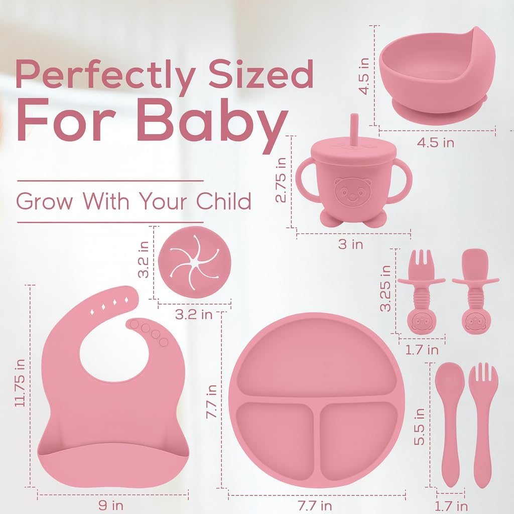 Silicone Baby Feeding Set | 9 PCS Baby Led Weaning Supplies Feeding Utensils | Divided Suction Plate Bowl Bib Cup Baby Spoons Forks | Toddler Eating Essentials-6+ Months (Pink)