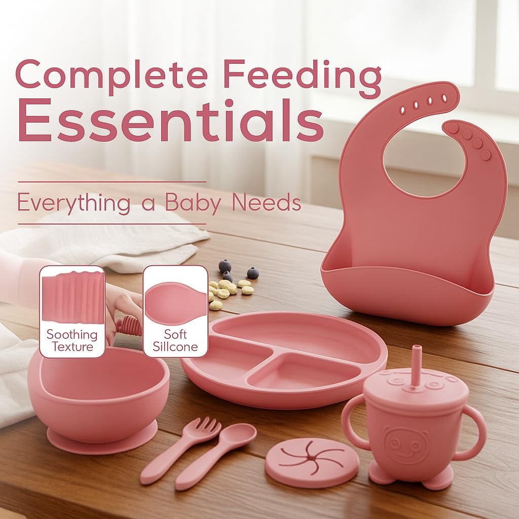 Silicone Baby Feeding Set | 9 PCS Baby Led Weaning Supplies Feeding Utensils | Divided Suction Plate Bowl Bib Cup Baby Spoons Forks | Toddler Eating Essentials-6+ Months (Pink)