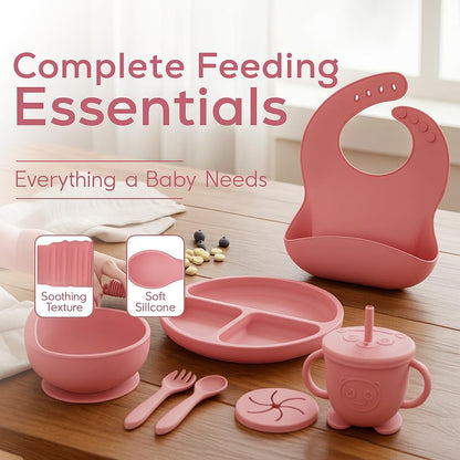 Silicone Baby Feeding Set | 9 PCS Baby Led Weaning Supplies Feeding Utensils | Divided Suction Plate Bowl Bib Cup Baby Spoons Forks | Toddler Eating Essentials-6+ Months (Pink)