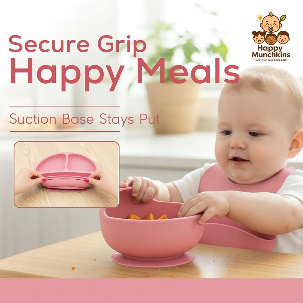 Silicone Baby Feeding Set | 9 PCS Baby Led Weaning Supplies Feeding Utensils | Divided Suction Plate Bowl Bib Cup Baby Spoons Forks | Toddler Eating Essentials-6+ Months (Pink)