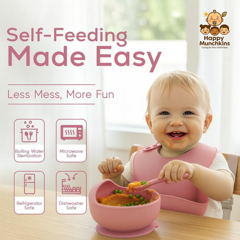 Silicone Baby Feeding Set | 9 PCS Baby Led Weaning Supplies Feeding Utensils | Divided Suction Plate Bowl Bib Cup Baby Spoons Forks | Toddler Eating Essentials-6+ Months (Pink)