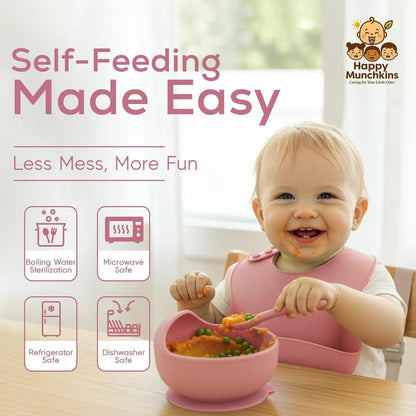 Silicone Baby Feeding Set | 9 PCS Baby Led Weaning Supplies Feeding Utensils | Divided Suction Plate Bowl Bib Cup Baby Spoons Forks | Toddler Eating Essentials-6+ Months (Pink)