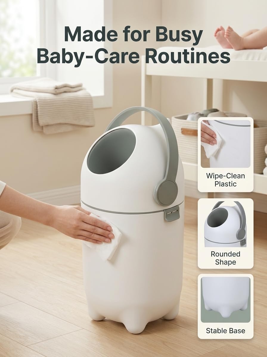 Diaper Pail Odor Control Bin, Large Capacity Diaper Disposal Container, Plastic 15L Holds 16 Diapers Airtight Lid, with Odor Blocking Baffle for Home Nursery Room Living Room White