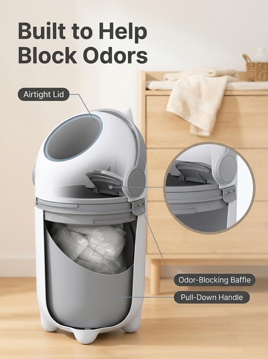 Diaper Pail Odor Control Bin, Large Capacity Diaper Disposal Container, Plastic 15L Holds 16 Diapers Airtight Lid, with Odor Blocking Baffle for Home Nursery Room Living Room White