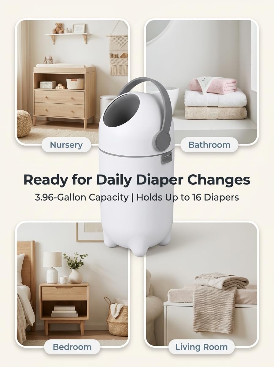 Diaper Pail Odor Control Bin, Large Capacity Diaper Disposal Container, Plastic 15L Holds 16 Diapers Airtight Lid, with Odor Blocking Baffle for Home Nursery Room Living Room White