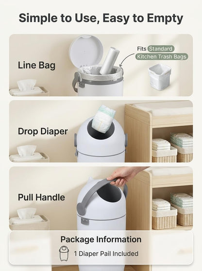 Diaper Pail Odor Control Bin, Large Capacity Diaper Disposal Container, Plastic 15L Holds 16 Diapers Airtight Lid, with Odor Blocking Baffle for Home Nursery Room Living Room White
