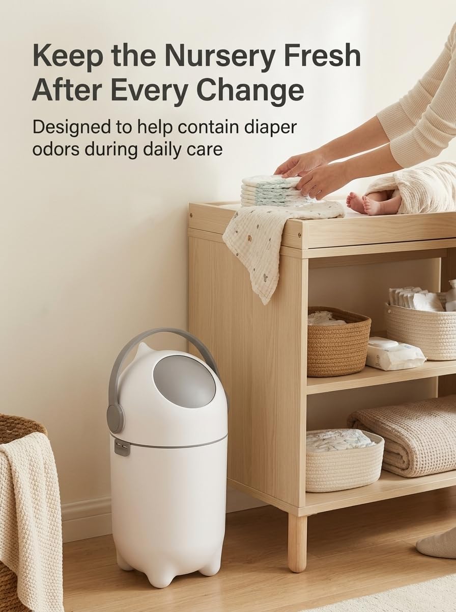Diaper Pail Odor Control Bin, Large Capacity Diaper Disposal Container, Plastic 15L Holds 16 Diapers Airtight Lid, with Odor Blocking Baffle for Home Nursery Room Living Room White