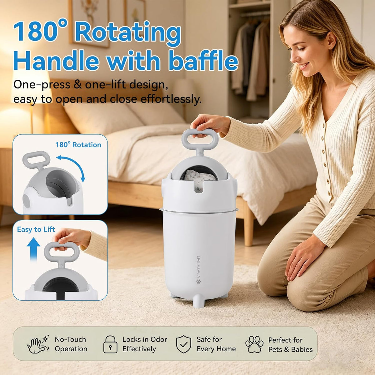 Diaper Pail Odor Control Bin, Large Capacity Diaper Disposal Container, Plastic 15L Holds 16 Diapers Airtight Lid, with Odor Blocking Baffle for Home Nursery Room Living Room White