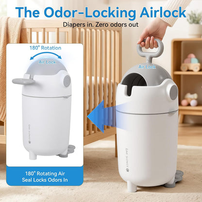 Diaper Pail Odor Control Bin, Large Capacity Diaper Disposal Container, Plastic 15L Holds 16 Diapers Airtight Lid, with Odor Blocking Baffle for Home Nursery Room Living Room White