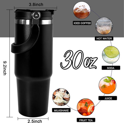 30 oz Tumbler with Handle and Straw Lid, Double Walled Vacuum Insulated Water Bottle Leakproof Tumbler Travel Coffee Mug Thermal Cup, Cupholder Friendly for Office, Home, Sport, Black