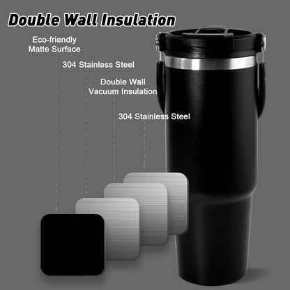 30 oz Tumbler with Handle and Straw Lid, Double Walled Vacuum Insulated Water Bottle Leakproof Tumbler Travel Coffee Mug Thermal Cup, Cupholder Friendly for Office, Home, Sport, Black
