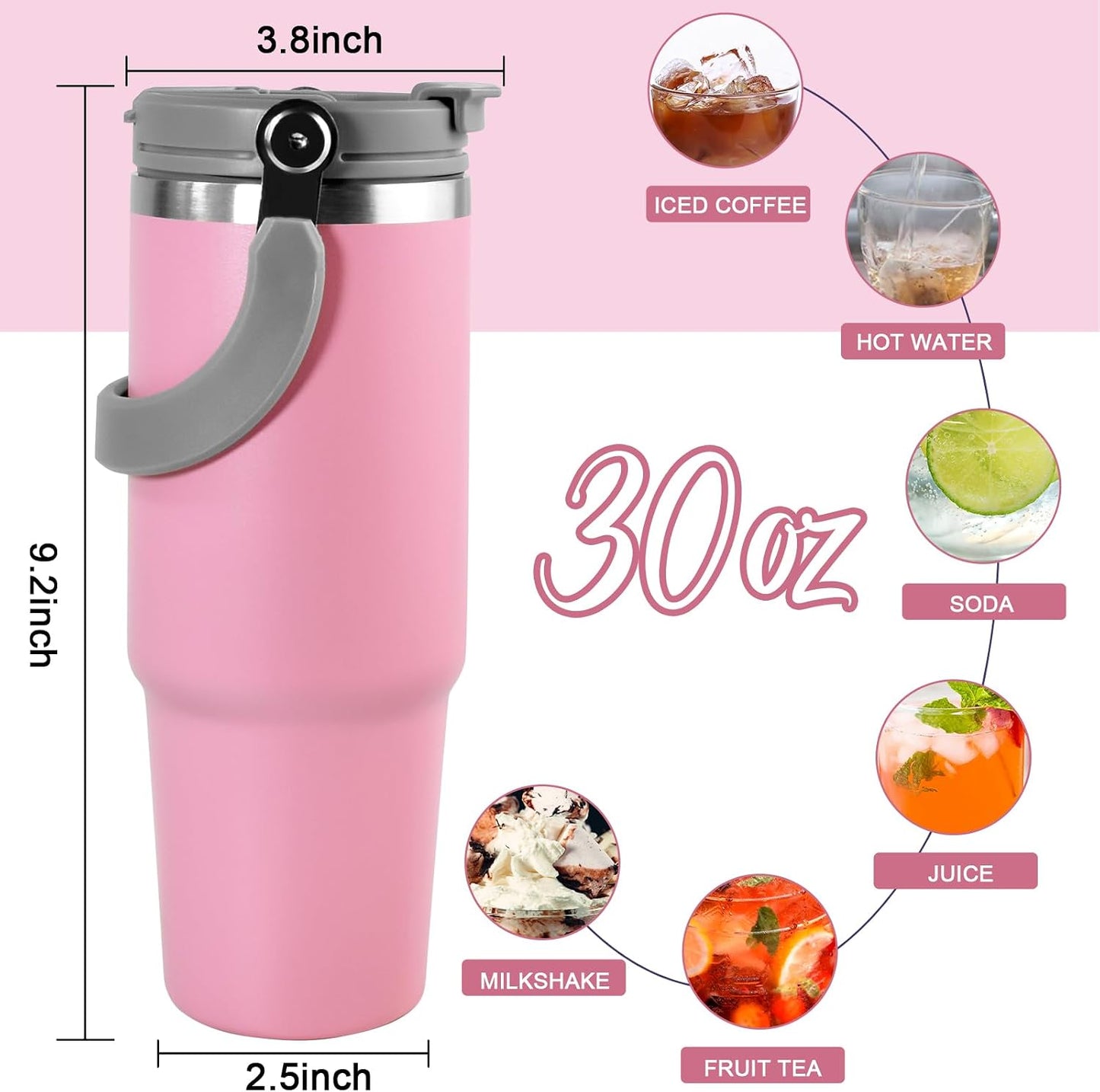 30 oz Tumbler with Handle and Straw Lid, Double Walled Vacuum Insulated Water Bottle Leakproof Tumbler Travel Coffee Mug Thermal Cup, Cupholder Friendly for Office, Home, Sport, Black