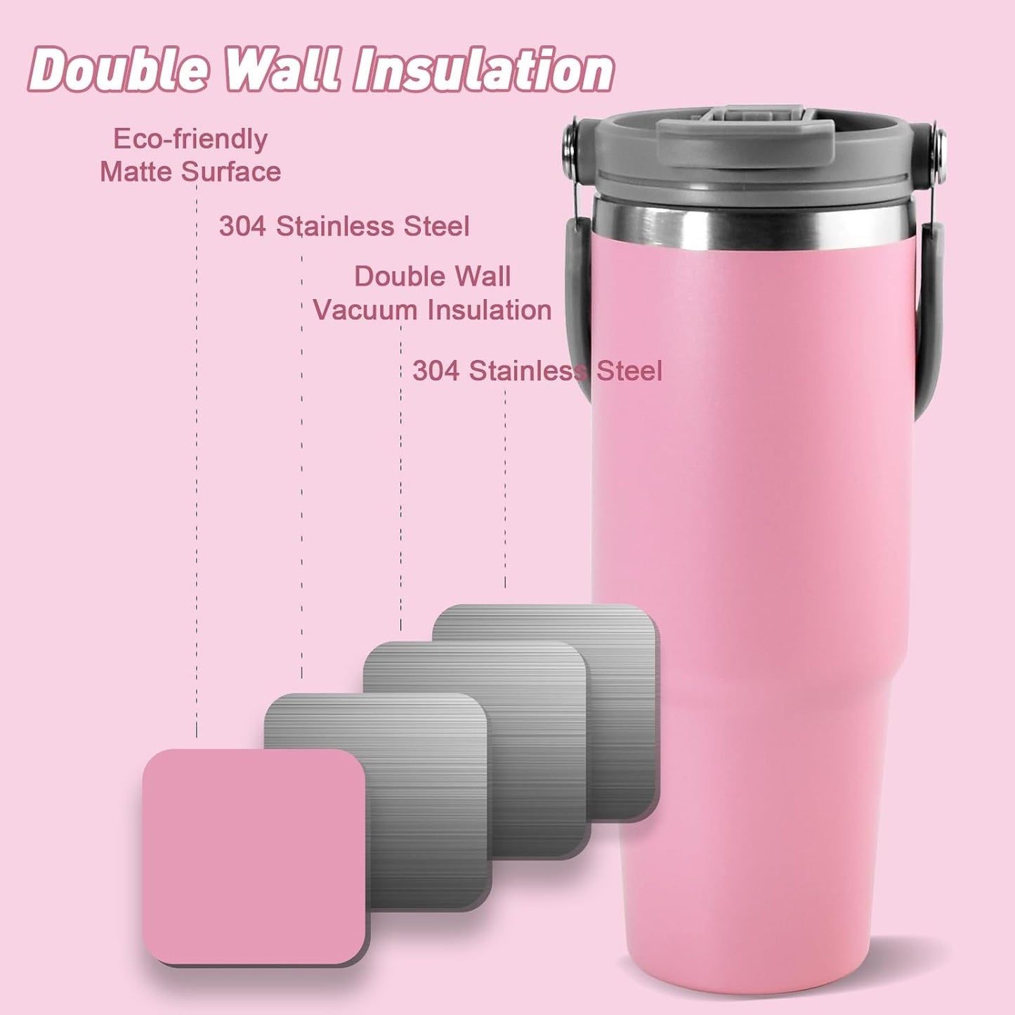 30 oz Tumbler with Handle and Straw Lid, Double Walled Vacuum Insulated Water Bottle Leakproof Tumbler Travel Coffee Mug Thermal Cup, Cupholder Friendly for Office, Home, Sport, Black