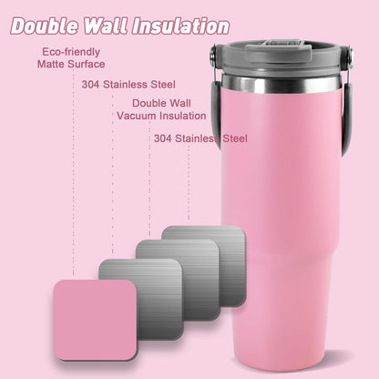 30 oz Tumbler with Handle and Straw Lid, Double Walled Vacuum Insulated Water Bottle Leakproof Tumbler Travel Coffee Mug Thermal Cup, Cupholder Friendly for Office, Home, Sport, Black