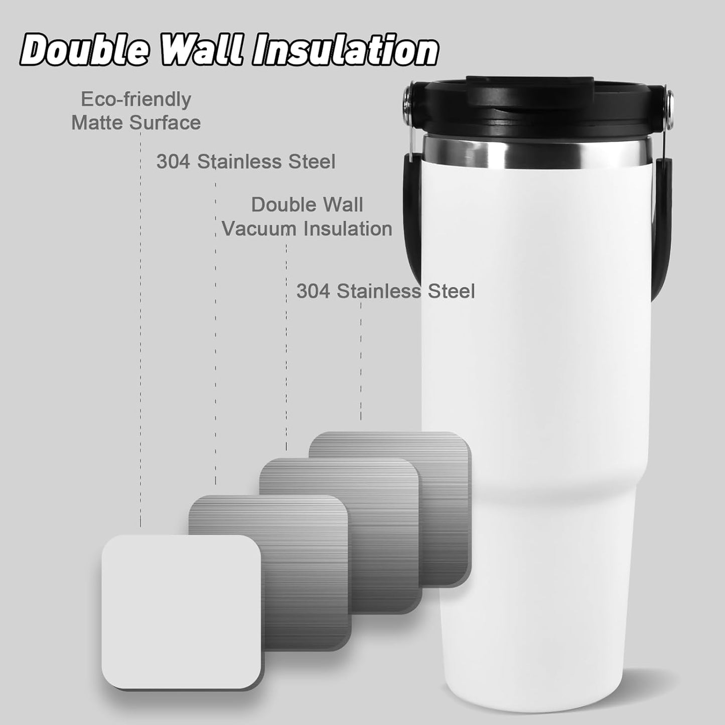 30 oz Tumbler with Handle and Straw Lid, Double Walled Vacuum Insulated Water Bottle Leakproof Tumbler Travel Coffee Mug Thermal Cup, Cupholder Friendly for Office, Home, Sport, Black