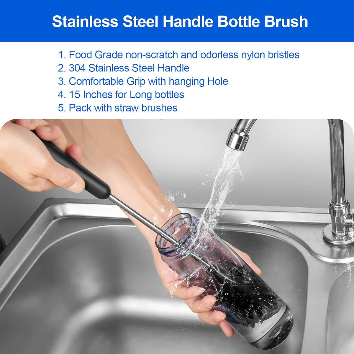 Bottle Brush Set, Long Handle Baby Bottle Brush Cleaner with Straw Brush and Lid Brush, Water Bottle Scrubber, Kitchen Scrub Cleaning Brushes for Cups, Coffee Mugs, Tumblers, Thermos