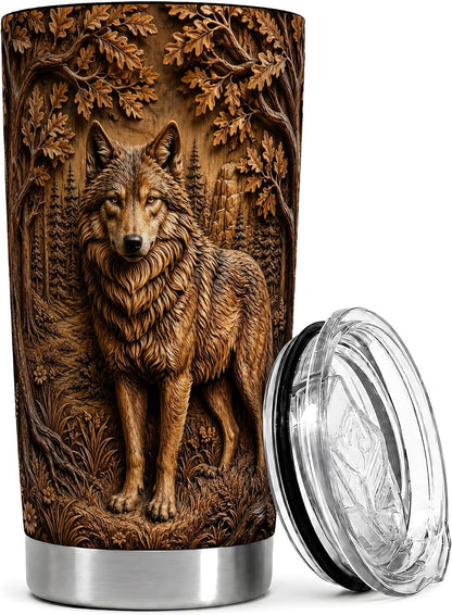 Forest Wolf Tumbler, Woodland Animal Tumbler 20 Oz, Stainless Steel, Rustic Wolf Forest Art For Coffee, Tea Or Iced Drinks At Home Or Cabin