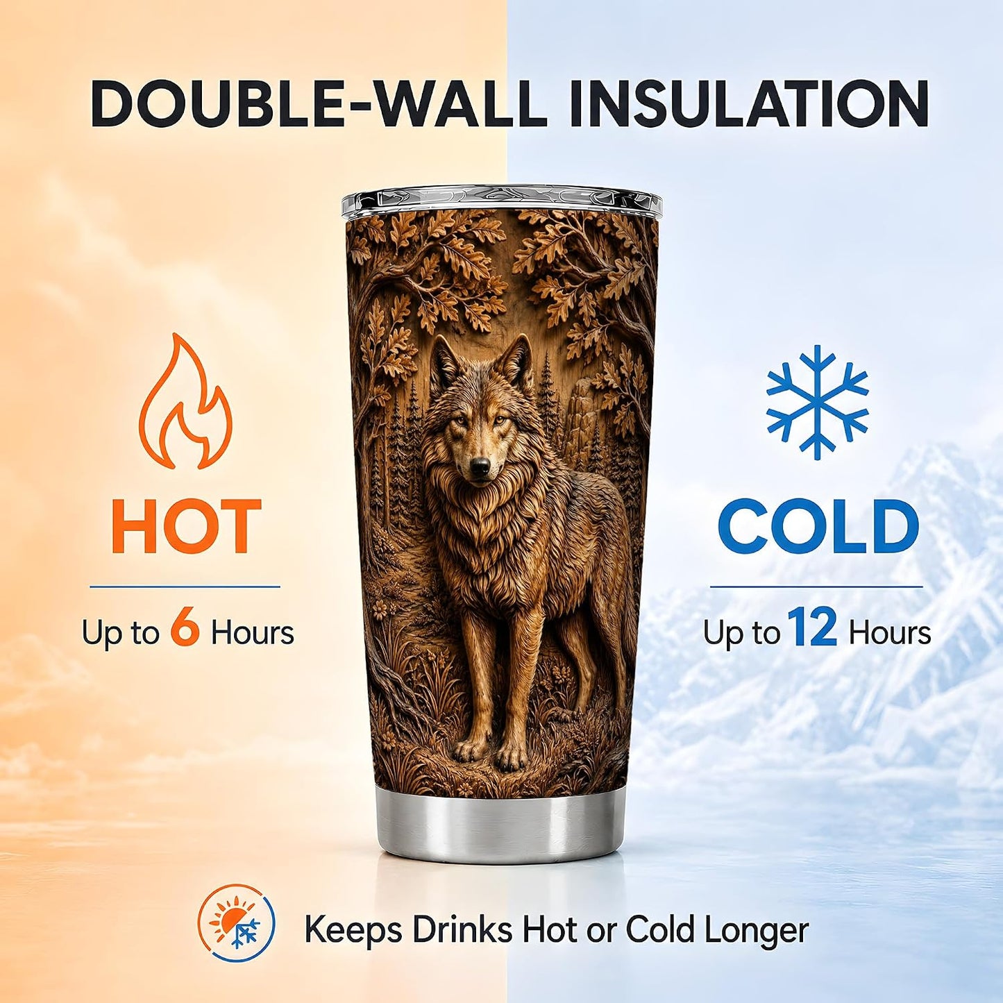 Forest Wolf Tumbler, Woodland Animal Tumbler 20 Oz, Stainless Steel, Rustic Wolf Forest Art For Coffee, Tea Or Iced Drinks At Home Or Cabin