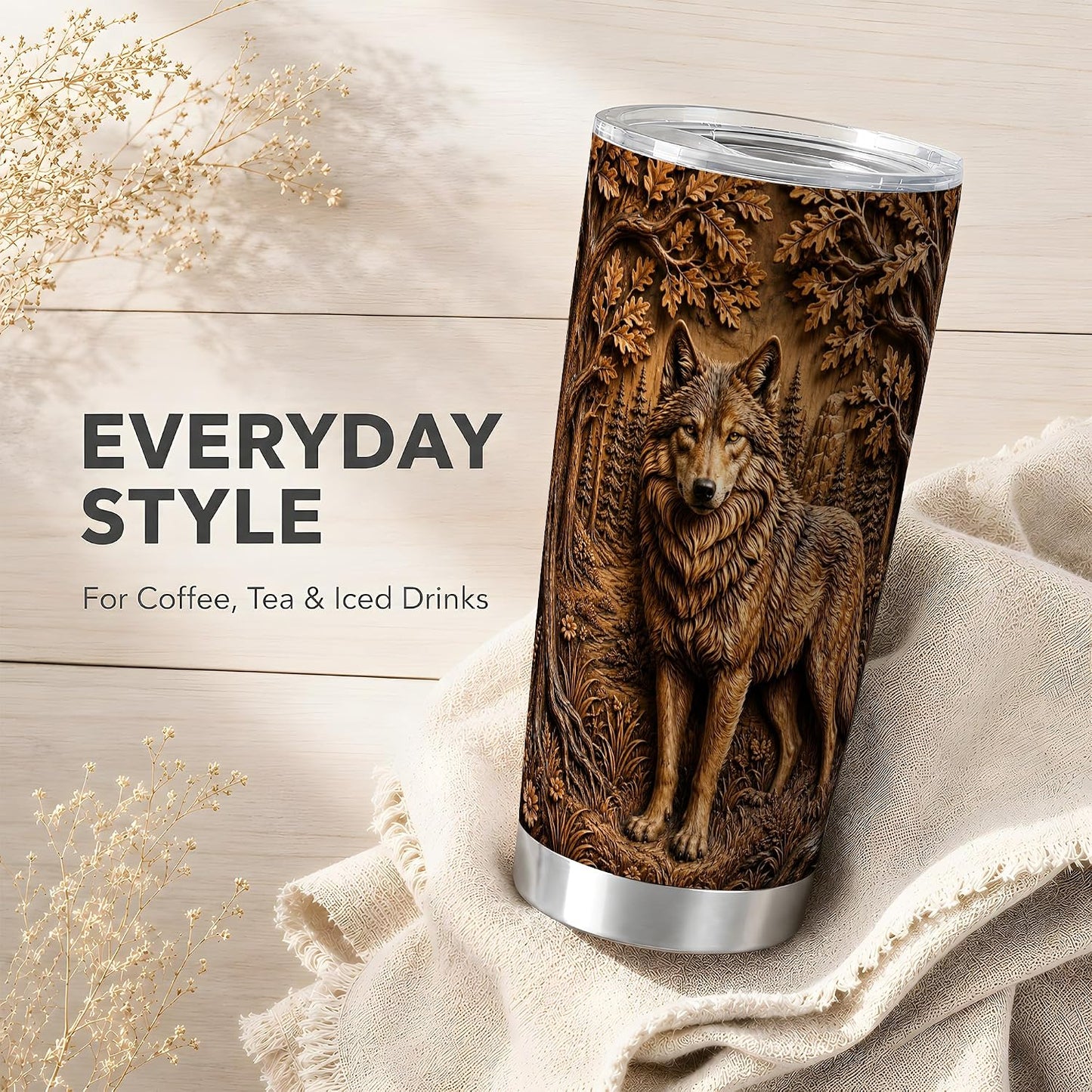 Forest Wolf Tumbler, Woodland Animal Tumbler 20 Oz, Stainless Steel, Rustic Wolf Forest Art For Coffee, Tea Or Iced Drinks At Home Or Cabin