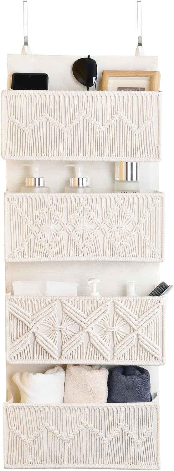 Over the Door Organizer Macrame Boho Nursery Storage with 4 Large Woven Pockets, Hanging Basket for Bathroom, Nursery & Closet Doors, Behind the Door Storage Organizer, Cream White