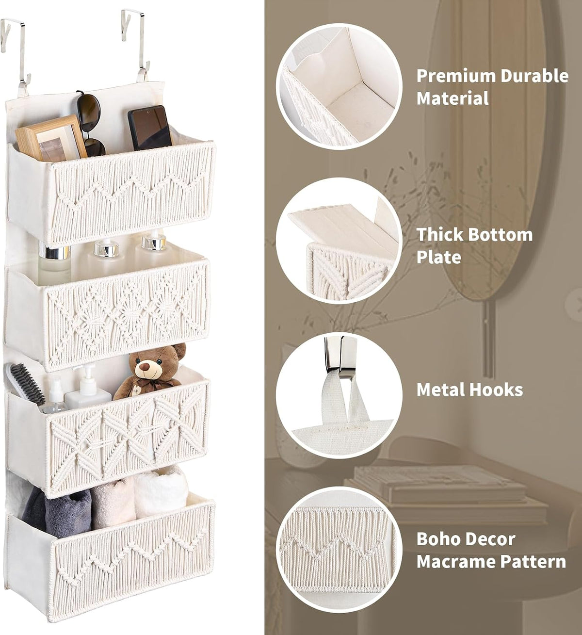 Over the Door Organizer Macrame Boho Nursery Storage with 4 Large Woven Pockets, Hanging Basket for Bathroom, Nursery & Closet Doors, Behind the Door Storage Organizer, Cream White