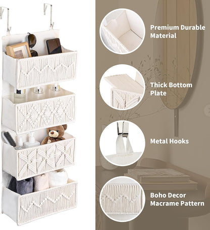 Over the Door Organizer Macrame Boho Nursery Storage with 4 Large Woven Pockets, Hanging Basket for Bathroom, Nursery & Closet Doors, Behind the Door Storage Organizer, Cream White