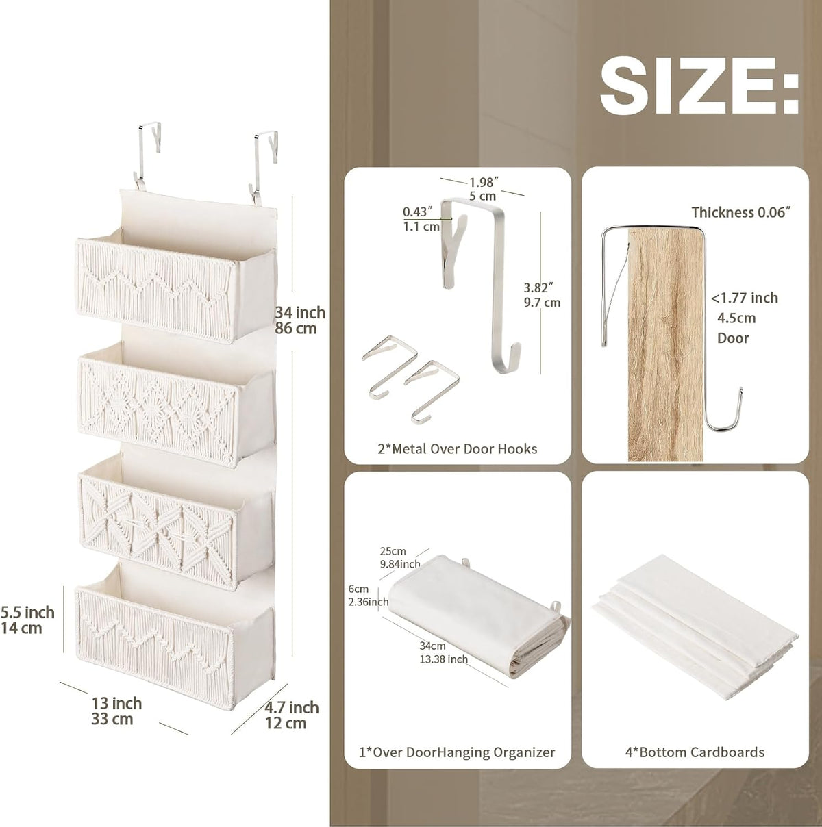 Over the Door Organizer Macrame Boho Nursery Storage with 4 Large Woven Pockets, Hanging Basket for Bathroom, Nursery & Closet Doors, Behind the Door Storage Organizer, Cream White