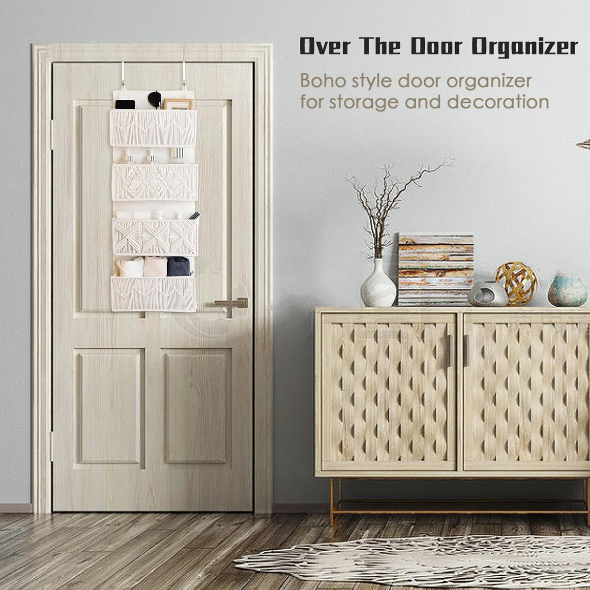 Over the Door Organizer Macrame Boho Nursery Storage with 4 Large Woven Pockets, Hanging Basket for Bathroom, Nursery & Closet Doors, Behind the Door Storage Organizer, Cream White
