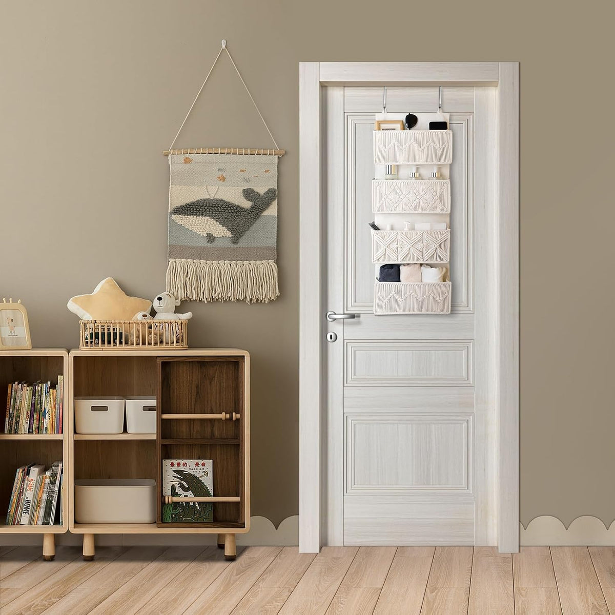Over the Door Organizer Macrame Boho Nursery Storage with 4 Large Woven Pockets, Hanging Basket for Bathroom, Nursery & Closet Doors, Behind the Door Storage Organizer, Cream White