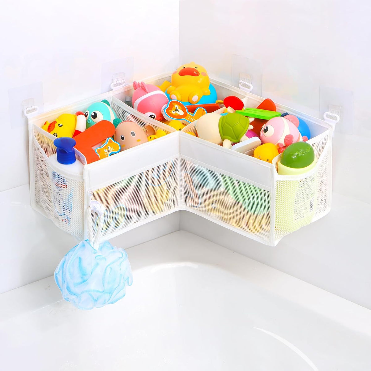 Corner Bath Toy Organizer - Space-Saving 3-Compartment Bath Toy Storage, Mesh Bathroom Toy Holder for Kids, Durable Bathtub Organizer with Drain Holes