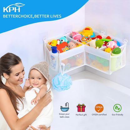 Corner Bath Toy Organizer - Space-Saving 3-Compartment Bath Toy Storage, Mesh Bathroom Toy Holder for Kids, Durable Bathtub Organizer with Drain Holes