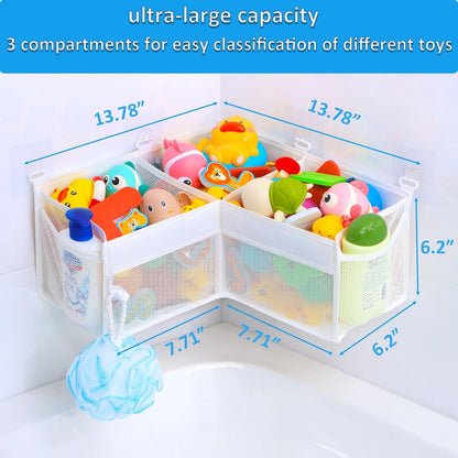 Corner Bath Toy Organizer - Space-Saving 3-Compartment Bath Toy Storage, Mesh Bathroom Toy Holder for Kids, Durable Bathtub Organizer with Drain Holes