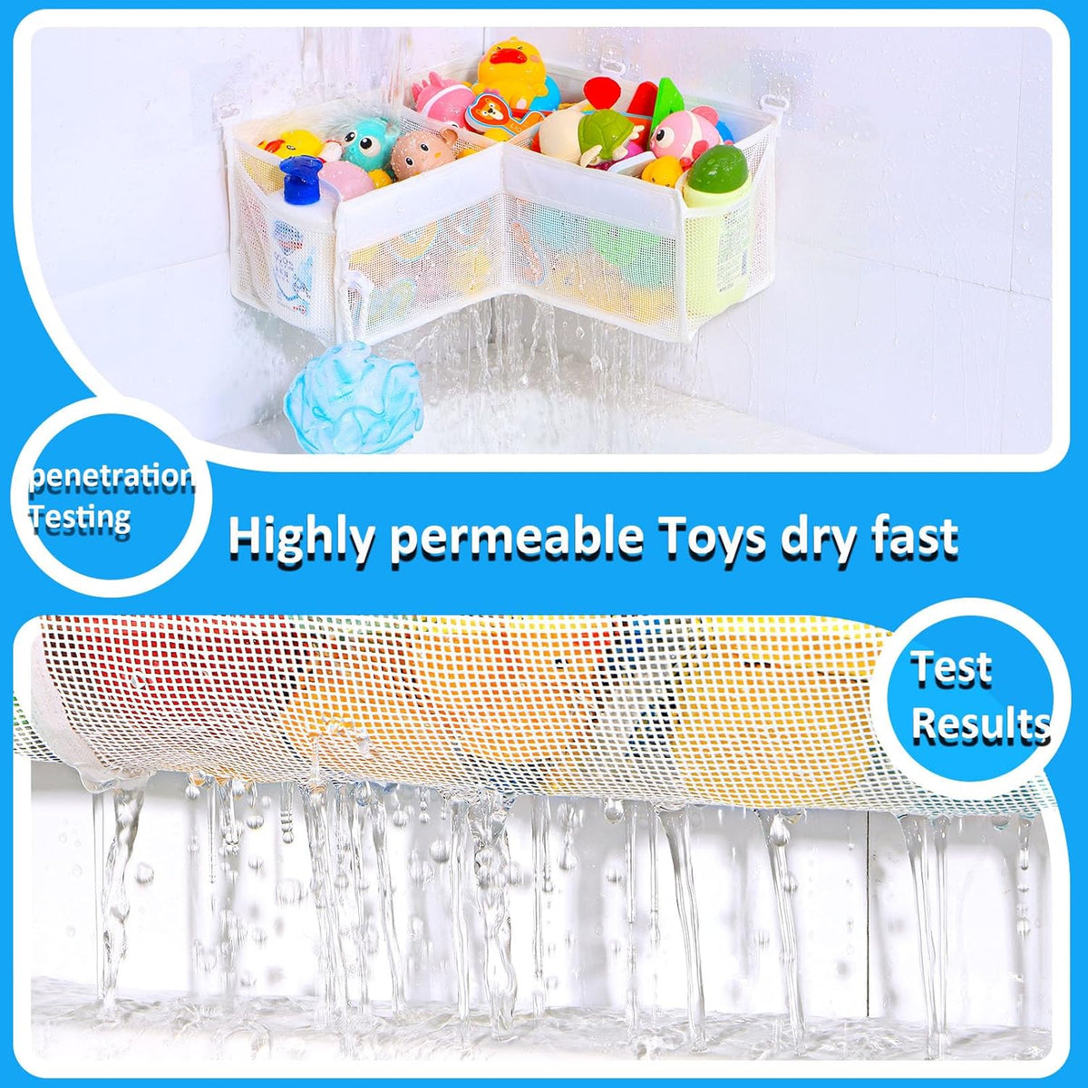 Corner Bath Toy Organizer - Space-Saving 3-Compartment Bath Toy Storage, Mesh Bathroom Toy Holder for Kids, Durable Bathtub Organizer with Drain Holes