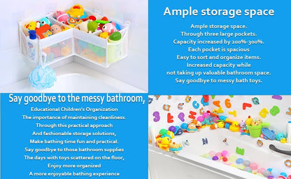 Corner Bath Toy Organizer - Space-Saving 3-Compartment Bath Toy Storage, Mesh Bathroom Toy Holder for Kids, Durable Bathtub Organizer with Drain Holes