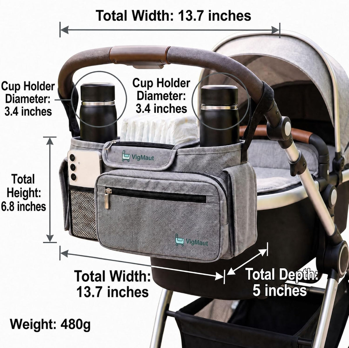 Stroller Caddy with Cup Holder – Universal Waterproof Stroller Organizer with Cup Holder for Instant Access & Hands-Free Convenience, Ideal for Travel, Daily Walks & Car Use, for Busy Parents.