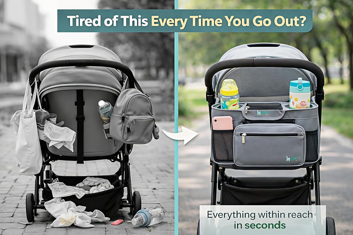 Stroller Caddy with Cup Holder – Universal Waterproof Stroller Organizer with Cup Holder for Instant Access & Hands-Free Convenience, Ideal for Travel, Daily Walks & Car Use, for Busy Parents.