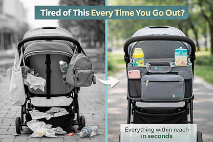 Stroller Caddy with Cup Holder – Universal Waterproof Stroller Organizer with Cup Holder for Instant Access & Hands-Free Convenience, Ideal for Travel, Daily Walks & Car Use, for Busy Parents.