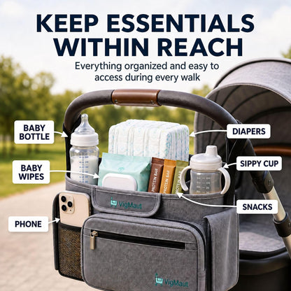 Stroller Caddy with Cup Holder – Universal Waterproof Stroller Organizer with Cup Holder for Instant Access & Hands-Free Convenience, Ideal for Travel, Daily Walks & Car Use, for Busy Parents.