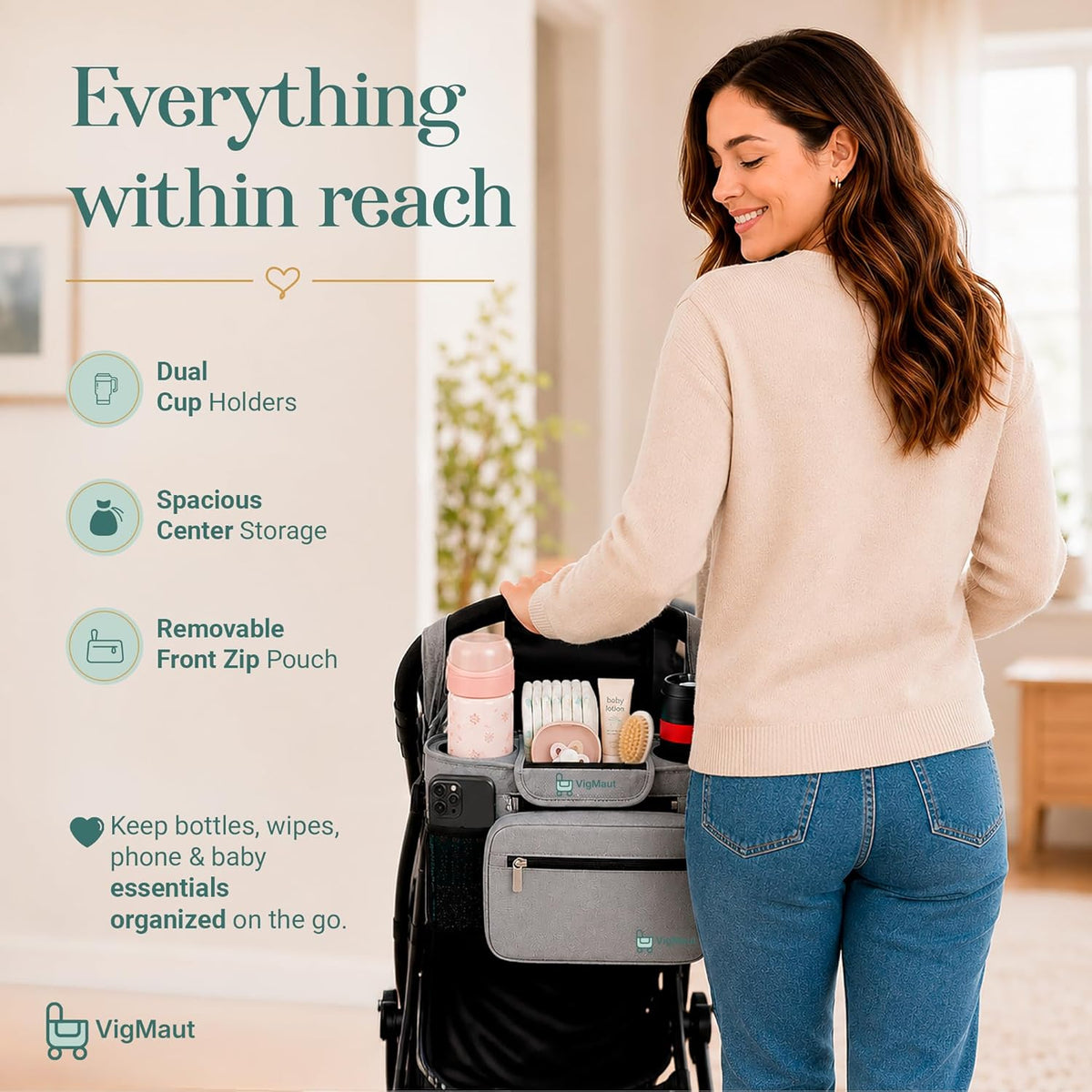 Stroller Caddy with Cup Holder – Universal Waterproof Stroller Organizer with Cup Holder for Instant Access & Hands-Free Convenience, Ideal for Travel, Daily Walks & Car Use, for Busy Parents.