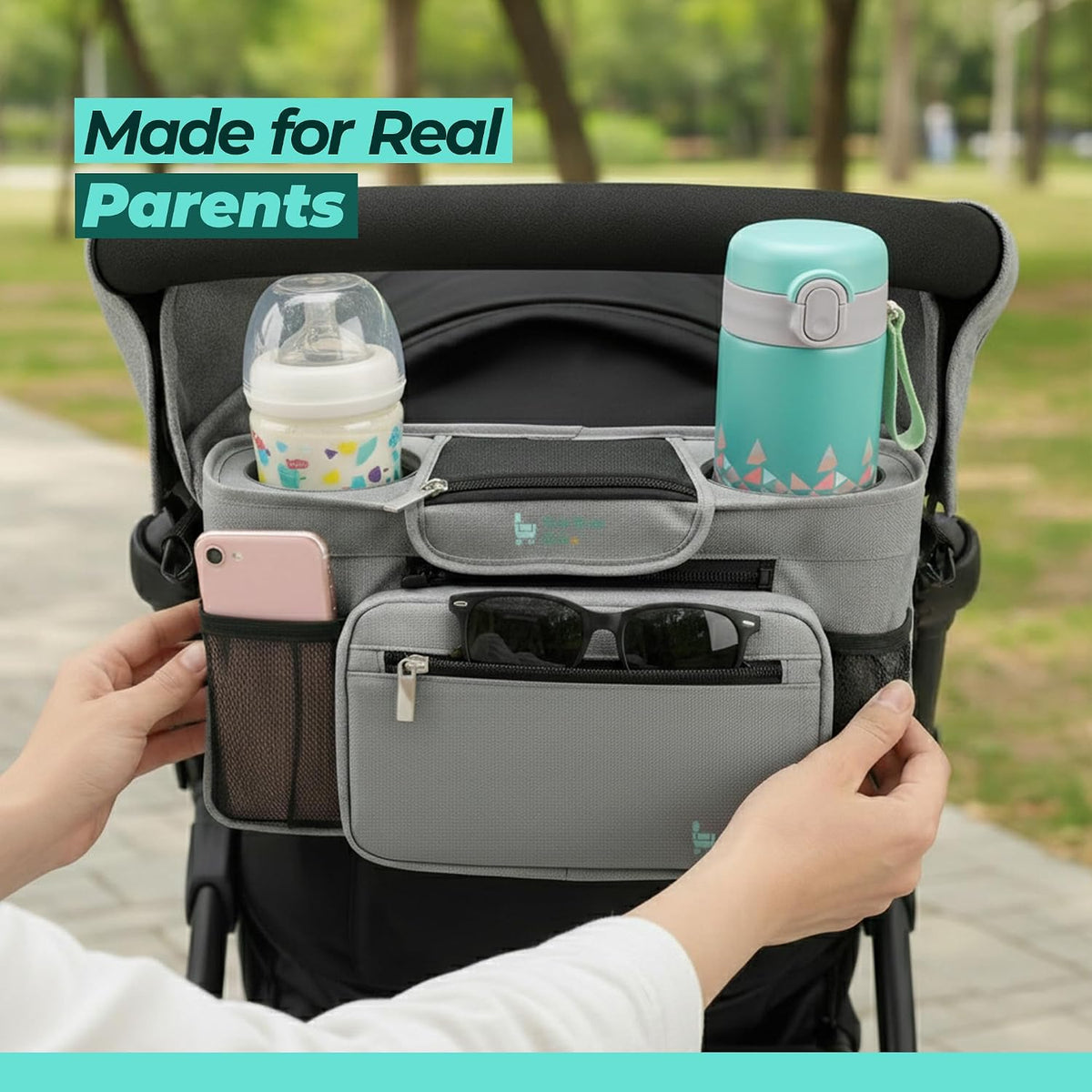 Stroller Caddy with Cup Holder – Universal Waterproof Stroller Organizer with Cup Holder for Instant Access & Hands-Free Convenience, Ideal for Travel, Daily Walks & Car Use, for Busy Parents.