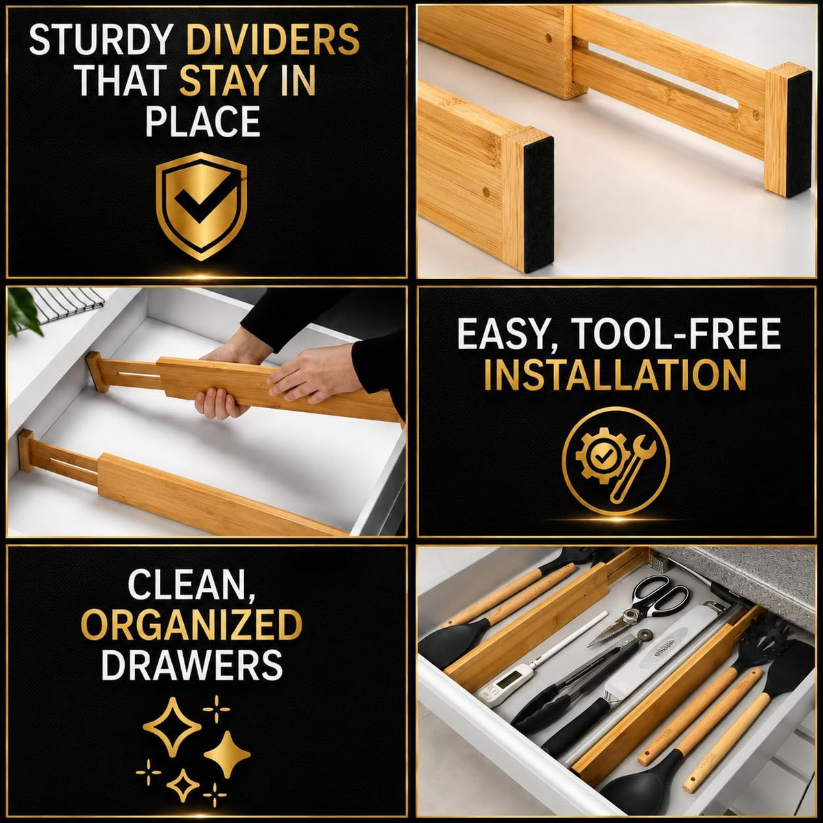 Adjustable Bamboo Drawer Dividers Expandable 8 Pack 17-22 Organizer