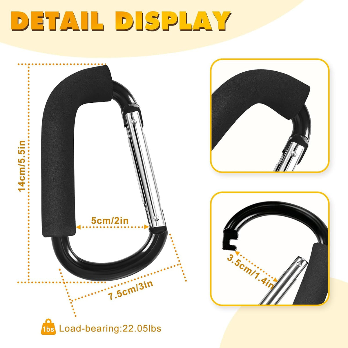 Stroller Hooks 4 Pack, 6.3" Black Baby Stroller Clips for Baby Diaper Bag, Grocery, Purse, Hanging Bags, Mommy Hook Backpack Accessories for Outdoor, Camping and Hiking, Large Carabiner Clip