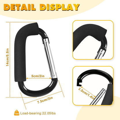 Stroller Hooks 4 Pack, 6.3" Black Baby Stroller Clips for Baby Diaper Bag, Grocery, Purse, Hanging Bags, Mommy Hook Backpack Accessories for Outdoor, Camping and Hiking, Large Carabiner Clip