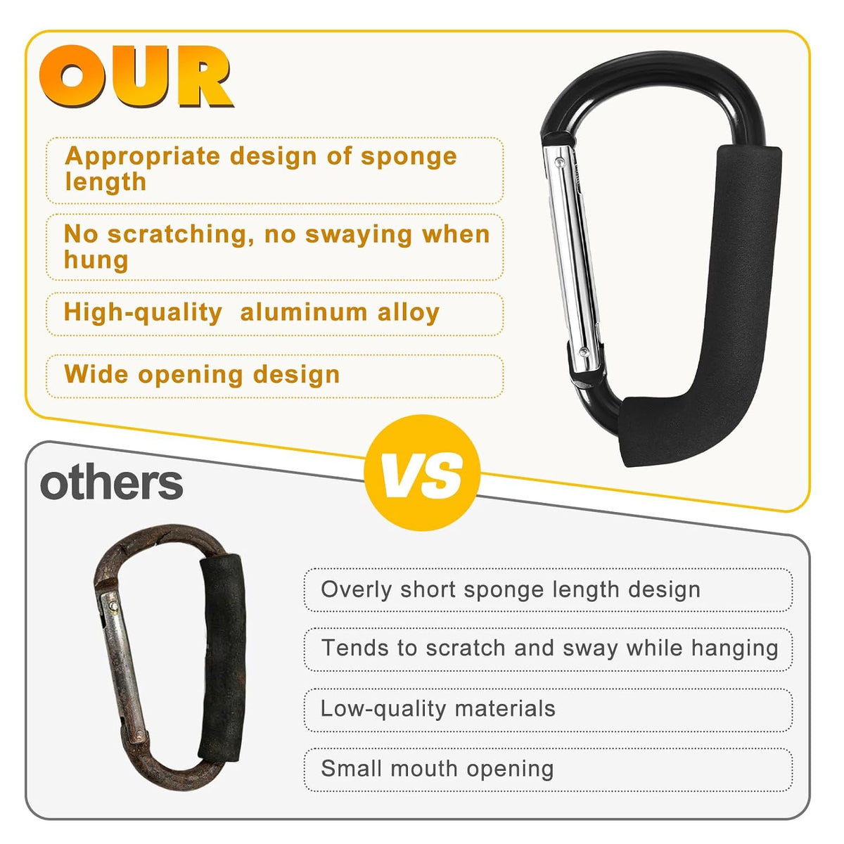 Stroller Hooks 4 Pack, 6.3" Black Baby Stroller Clips for Baby Diaper Bag, Grocery, Purse, Hanging Bags, Mommy Hook Backpack Accessories for Outdoor, Camping and Hiking, Large Carabiner Clip