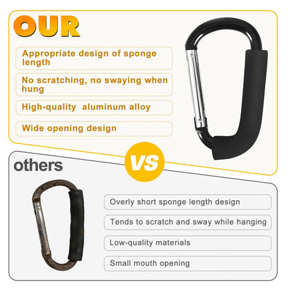 Stroller Hooks 4 Pack, 6.3" Black Baby Stroller Clips for Baby Diaper Bag, Grocery, Purse, Hanging Bags, Mommy Hook Backpack Accessories for Outdoor, Camping and Hiking, Large Carabiner Clip