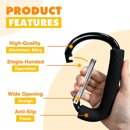 Stroller Hooks 4 Pack, 6.3" Black Baby Stroller Clips for Baby Diaper Bag, Grocery, Purse, Hanging Bags, Mommy Hook Backpack Accessories for Outdoor, Camping and Hiking, Large Carabiner Clip